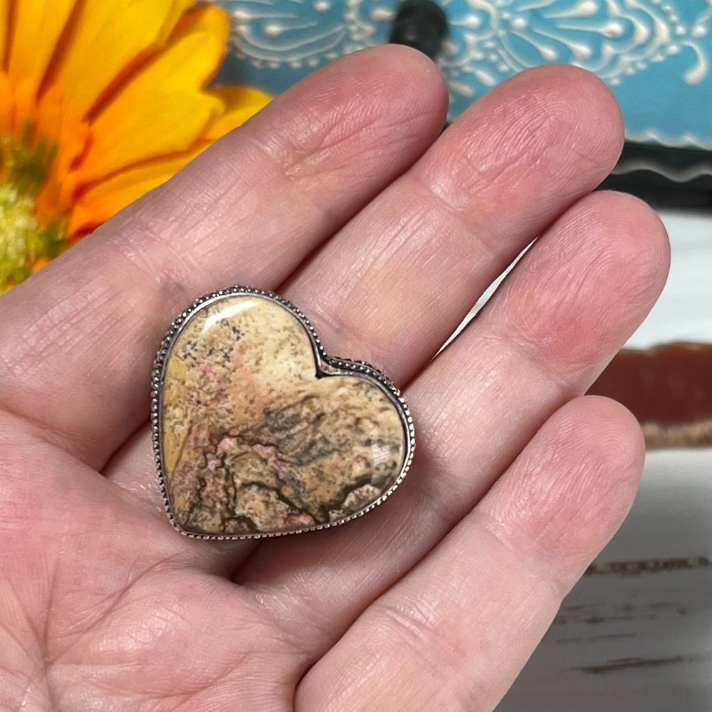 Picture Jasper Ring Heart Handmade Gemstone Crystal Antique Design 925 Silver - Picture 10 of 11